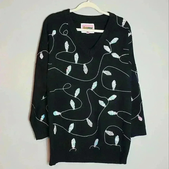 Tipsy Elves Oversized Black Sweater Dress Iridescent Sequin Christmas Lights XS - Picture 2 of 16